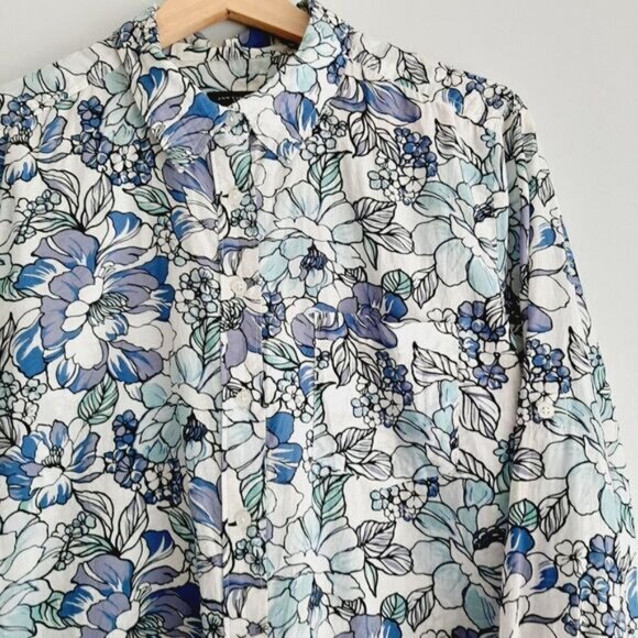 ANN TAYLOR 100% Cotton Floral Button Down Shirt Top Blue & White Sz M - Picture 5 of 13
